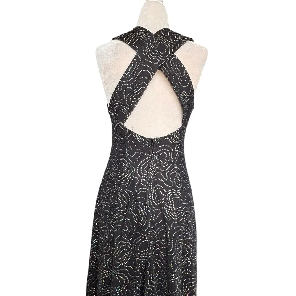Vintage All That Jazz Black Mesh Rhinestone Maxi Dress Open Back Party Wedding
